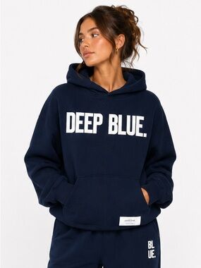 Women’s Crewneck Hoodie Sweatshirt in Navy with 'DEEP BLUE.' Graphic